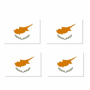 May include: Four white squares with a yellow outline, each containing the flag of Cyprus. The flag features a white outline of the island of Cyprus on a yellow background, with two olive branches forming a wreath below the island.