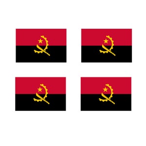 May include: Four red, black, and gold flags of Angola. Each flag features a yellow star and a yellow gear with a machete.