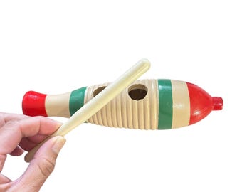 Wooden Fish Guiro Instrument – Hand-Carved Percussion Toy with Red & Green Accents
