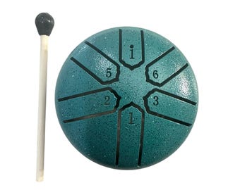 Mini Teal Steel Rain Drum  3 Inch Percussion Instrument with Mallet