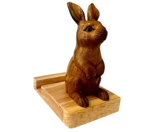Woodland Rabbit Phone Stand – Hand-Carved Desk Decor