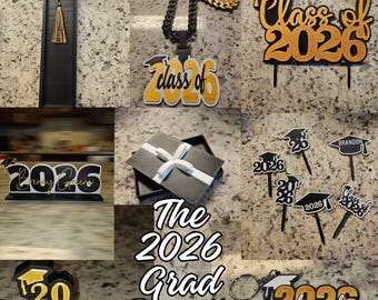Class of 2026 Graduation Bundle | Grad Party Decor Set | Cake Topper, Cupcake Toppers, Tassel Box, Keychains, Gift Box, Stanley Topper