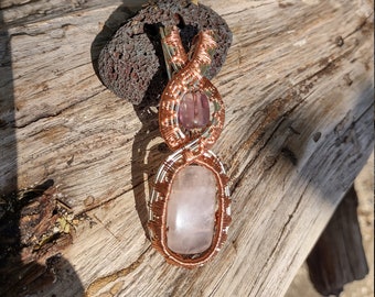Wire wrapped rose quartz and amethyst pendant, wire wrapped pendant
