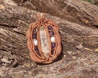 Wire wrapped quartz, amethyst and moonstone pendant, wire wrapped pendant