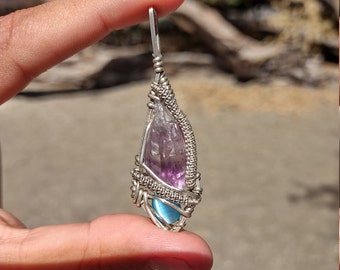 Wire wrapped amethyst and catseye pendant, Wire wrapped pendant