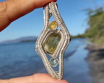 Wire wrapped amber and blue apatite pendant, Wire wrapped pendant