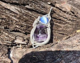 Wire wrapped amethyst and catseye pendant, wire wrapped pendant