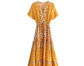 Romose Women Maxi Dress Loose Dress V-Neck Long Sleeve Vintage Boho Maxi Beach Dress Large Sizes Long Flower Dress