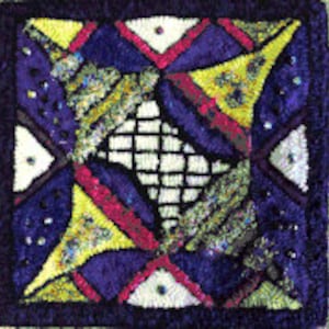 May include: A colorful geometric pattern rug with a purple background, yellow, white, and red accents, and a black and white grid pattern in the center.