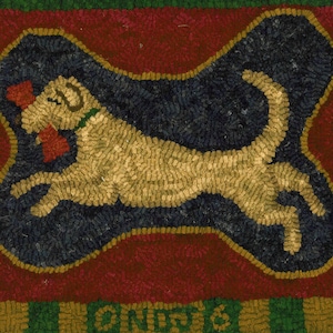 May include: A beige dog with a red heart in its mouth is depicted on a blue background with a brown bone shape. The background is surrounded by a red, gold, and green border. The text "CHEST" is at the bottom of the image.