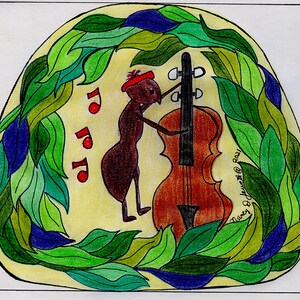 May include: An illustration of an ant playing a cello surrounded by green leaves. The ant is wearing a red hat and is holding a bow. There are musical notes in the background.