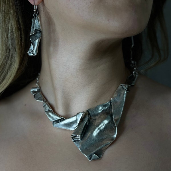 Handmade Avant Garde Jewelry, Modernist Statement Silver Necklace, Brutalist jewelry  Brutalist  Modernist Necklace