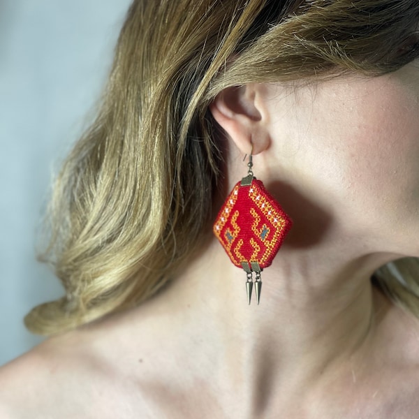 Embroidered Earrings | Boho Jewellery, Persian Jewelry, Balochi Hand Embroidery, Upcycled Textile Earrings | CRIMSON