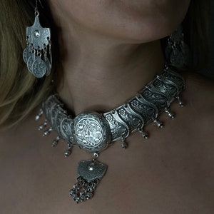 Tribal Statement Necklace | Handmade Statement Silver Necklace and Earrings Set