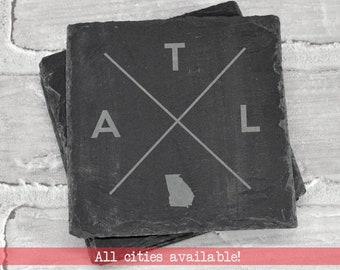 Custom Slate Coasters - Pick Any City & State - Custom Engraved Coasters - Slate Coasters - Custom Coaster Set - Housewarming Gift