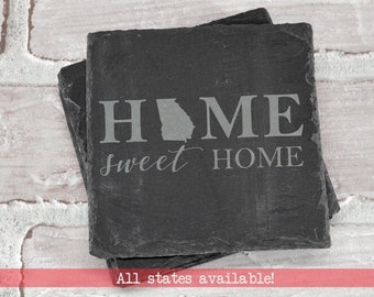 Home Sweet Home Custom Slate Coasters - All States - Custom Engraved Coasters - Slate Coasters - Custom Coaster Set - Housewarming Gift