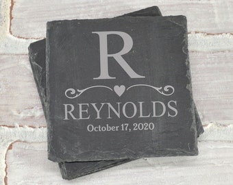 Wedding or Engagement Gift Coasters - Personalized Last Name and Date Coasters - Newlywed Gift Idea - Wedding Shower - Housewarming Gift
