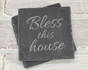 Christian Housewarming Gift - Bless This House - Engagement Gift - Housewarming Slate Coasters - Bless This House Coaster Set - Housewarming