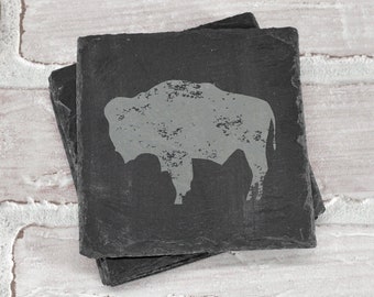 Bison Gift - Buffalo Gift - Bison Slate Coasters - Slate Coasters - Engraved Coasters - Coaster Set - Wedding Gift - Housewarming Gift