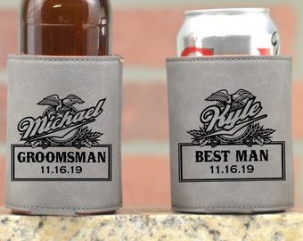 Groomsmen Gift. Beer Logo Leather Wedding Can Coolers. Personalized Can Coolers. Wedding Party Favors. Tuxedo. Custom Leather Can. Beer Cozy
