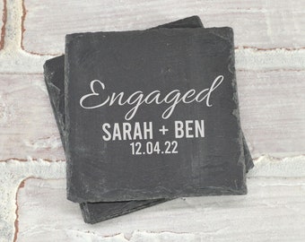 Engagement Gift Slate Coaster Set. Engaged Couples Names and Date. Wedding Gift Anniversary Gift Coaster Set. Couples Engagement Gift Set