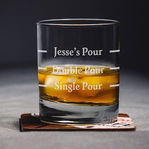 May include: A clear glass with etched lines and the text "Jesse's Pour", "Double Pour", and "Single Pour". The glass is filled with amber liquid and ice cubes.