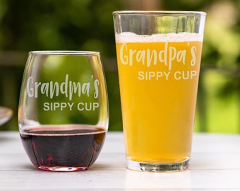 Grandma's Sippy Cup Grandpa's Sippy Cup. New Grandparents Glass Set. Wine and Pint Glass Set Soon To Be Grandparents New Grandma and Grandpa