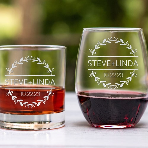 Engagement Gift Glasses. Engaged Couples Names and Date His Etsy