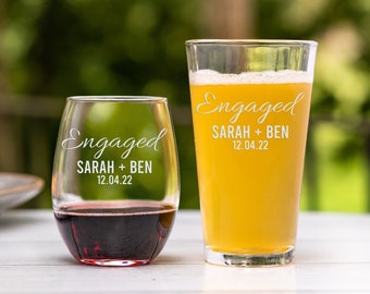 Engagement Gift Glasses. Engaged Couples Names Date His and Hers Wine and Pint Glass Set Wedding Wine and Beer Glass Gift Set Anniversary