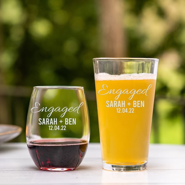 Engagement Gift Glasses. Engaged Couples Names Date His and Hers Wine and Pint Glass Set Wedding Wine and Beer Glass Gift Set Anniversary