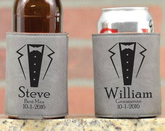 Groomsmen Gift. Leather Wedding Can Coolers. Personalized Can Coolers. Wedding Party Favors. Tuxedo. Custom Leather Can Cozie. Beer Cozy