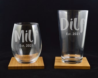 MILF and DILF Wine and Pint Glass Set. New Parents Glass Set. Soon To Be Parents Gift. New Mom and Dad Gift Stemless Wine and Pint Glass Set