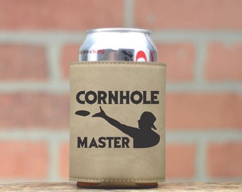 Cornhole Master Leather Can Cooler. Tailgate Accessories. Tailgating. Corn Hole Champion. Cornhole Tournament. Tailgating Games