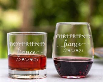 Funny Engagement Gift Glasses. Crossed Out Boyfriend Girlfriend Engagement Date Glasses Custom Engagement Gift for Future Bride and Groom