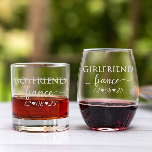 Funny Engagement Gift Glasses. Crossed Out Boyfriend Girlfriend Engagement Date Glasses Custom Engagement Gift for Future Bride and Groom