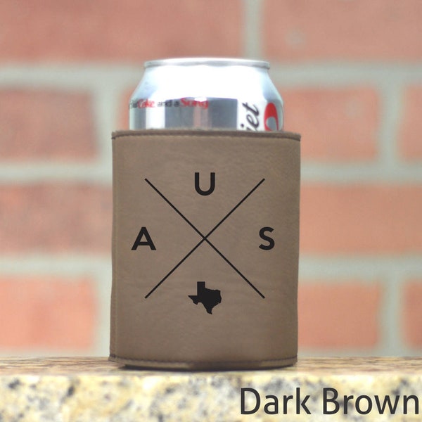 Austin | Can Cooler - Custom Can Coolers - Beer Cozy - Austin Texas. Leather Can Cozy. Beverage Cooler. Wedding Favor Personalized Gifts