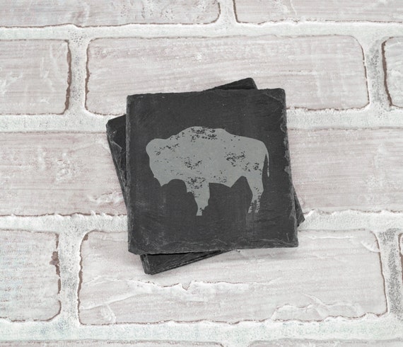 Bison Gift - Buffalo Gift - Bison Slate Coasters - Slate Coasters - Engraved Coasters - Coaster Set - Wedding Gift - Housewarming Gift