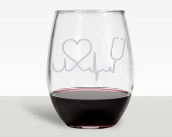 Nurse Wine Glass. New Nurse Gift. Nursing School Stethoscope Heart Beat Wine Glass. Thank You Gift Nurse Gift EMS Wine Glass First Responder