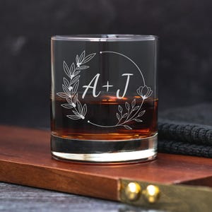 Custom Initials Rocks Glass Couples Engagement or Anniversary Glass Gift Engaged Couples Whiskey Rocks Glass With Floral Pattern Script Font
