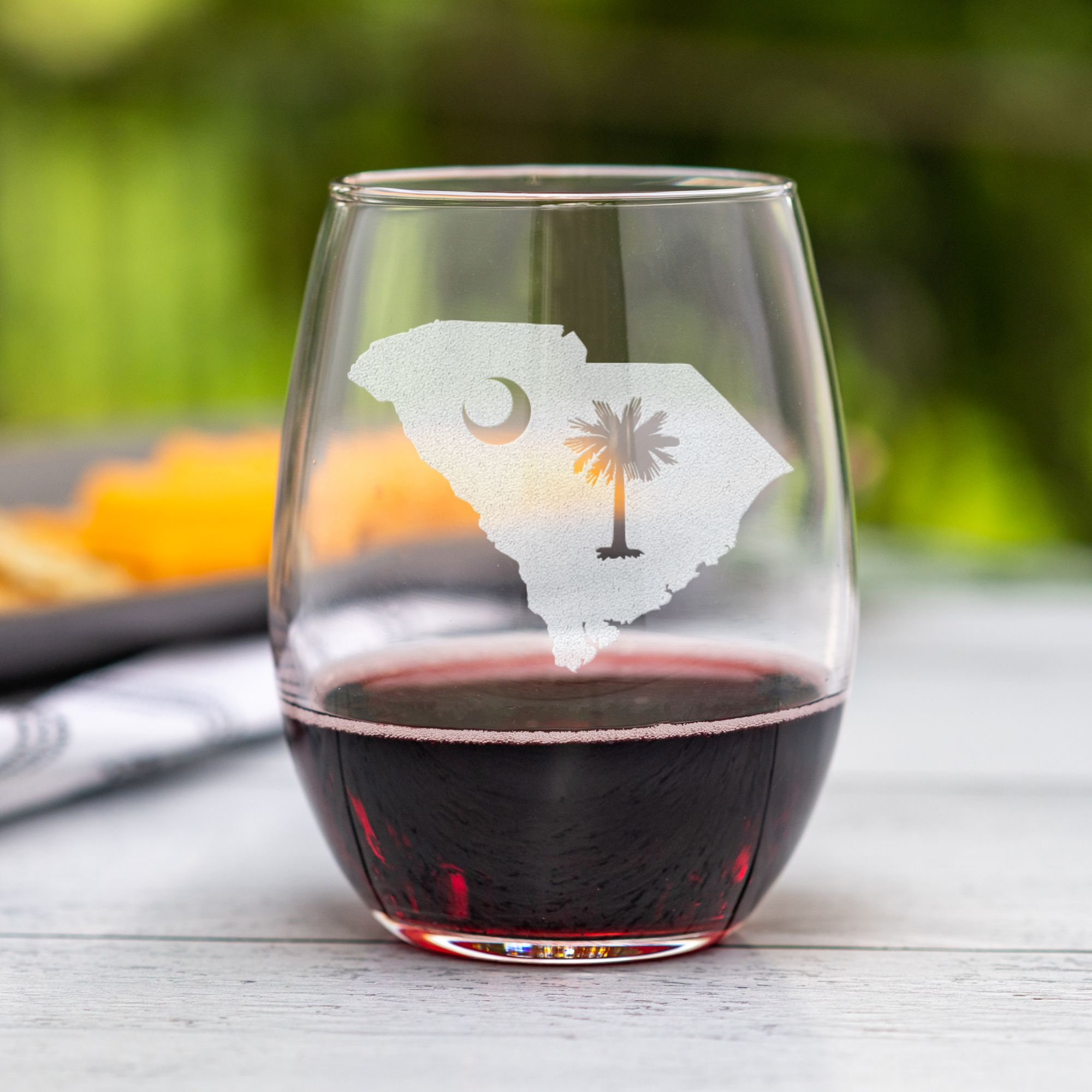 Palm Tree Stemless Red Wine Glass Set, Engraved Glass