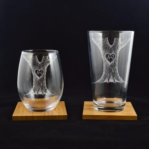 Couple Gift Initials In A Heart Carved In A Tree His and Hers Glass Set Engagement Gift Glasses. Wedding Wine and Beer Gift Set