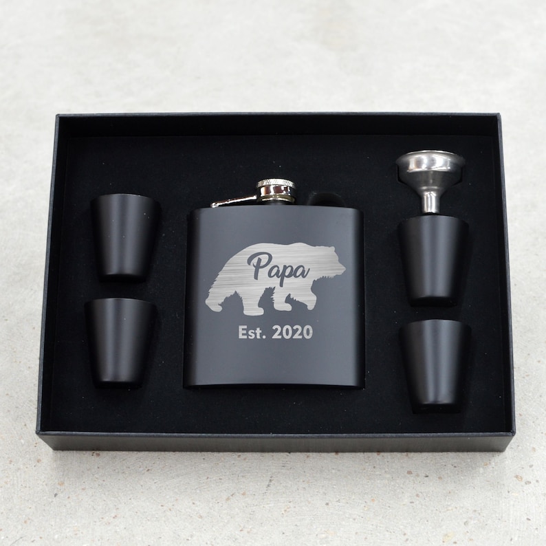 Flask Set made from high-quality metal, engraved bear image, your chosen message is the greatest Fathers Day Gift