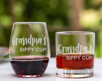 Grandma's and Grandpa's Sippy Cup Wine and Rocks Glass Set. Soon To Be Grandparents Gift. New Grandma Grandpa Gift Stemless Wine and Whiskey