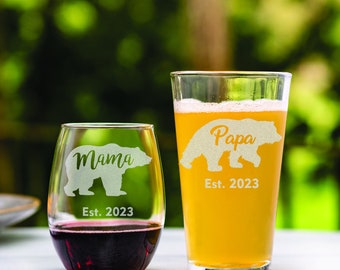 Mama Bear and Papa Bear Glasses. New Parents Glass Set. Wine and Pint Glass Set. Soon To Be Parents Gift. Soon to Be Mom and New Dad Gift