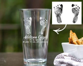 Newborn Footprint Gift For Dad New Dad Beer Glass Birth Statistics Weigh Birth Date Length Custom Pint Glass Dad First Dad Established