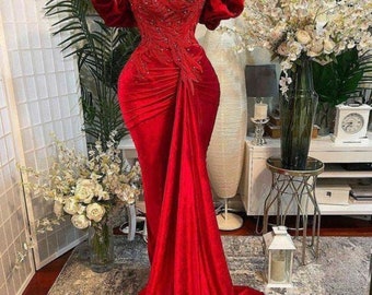 Floor length wedding reception dress,long red velvet sequence dress,bridal dress,mermaid prom dress,African women dress,bridal dress