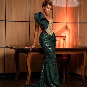 Green beaded mermaid prom dress,bridal dresses,party dress,African clothing for women,guests dresses, Elegant dress,African bridal dress,