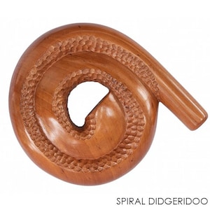 May include: A spiral-shaped wooden didgeridoo with a carved design. The didgeridoo is a traditional Australian Aboriginal musical instrument.