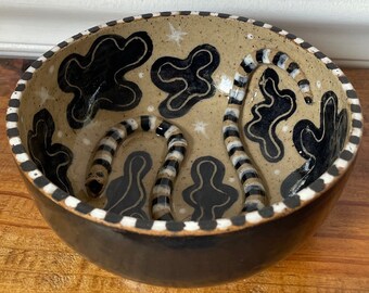 Handmade ceramic black and white bowl - checker, snake, tattoo inspired, snack, decor