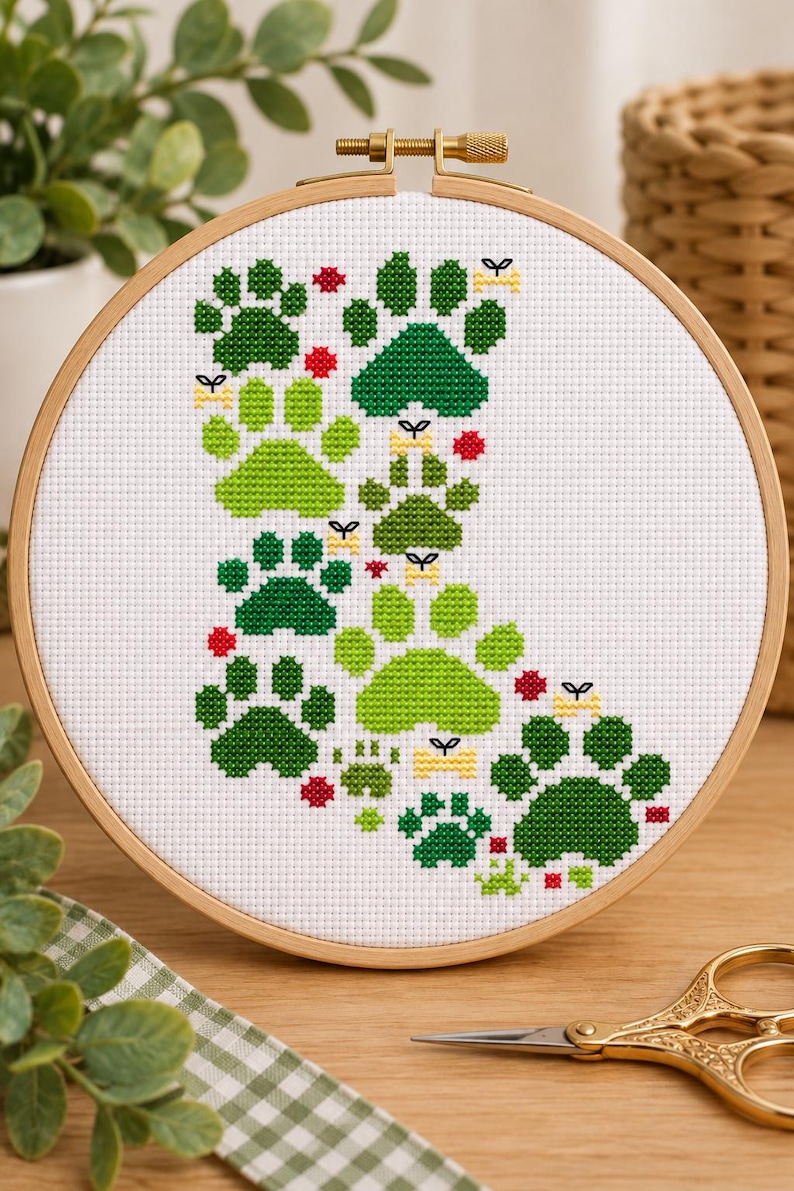 Red Cross Pattern Printable Paw Print Cross Stitch Pattern, Pet Lover Embroidery Chart (digital ...